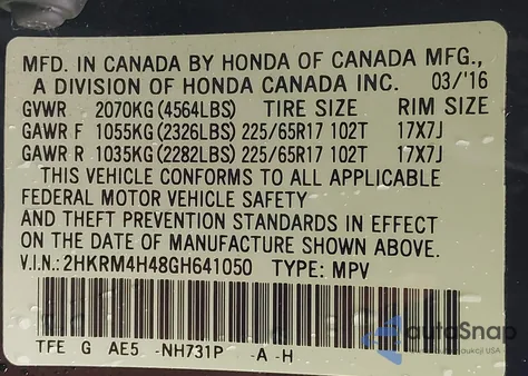 2016 Honda Cr-V Se from USA, damaged, VIN 2HKRM4H48GH641050